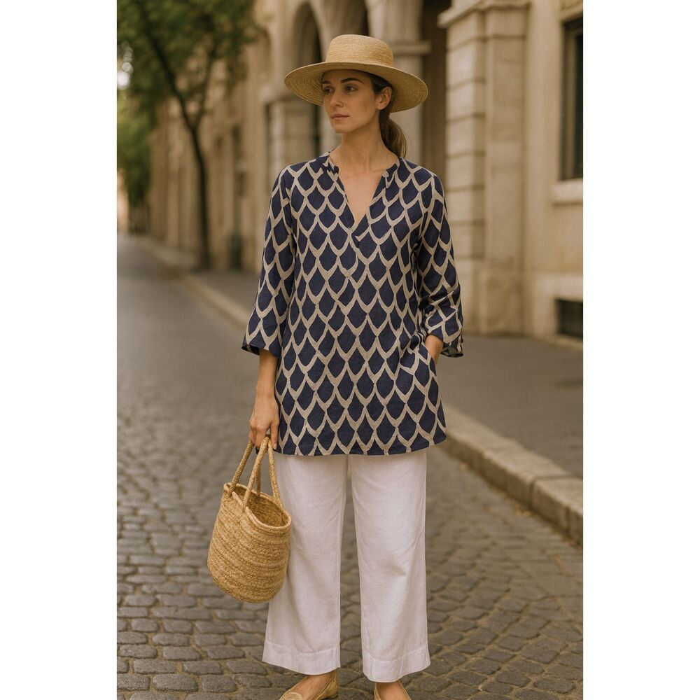 Island Company Linen Printed Navy White Tunic M